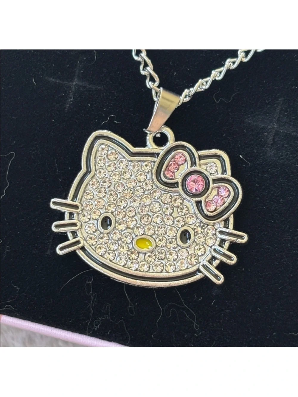 Hello Kitty Silver Tone Chain Cubic Zirconia Crystal Pendant Necklace with Box